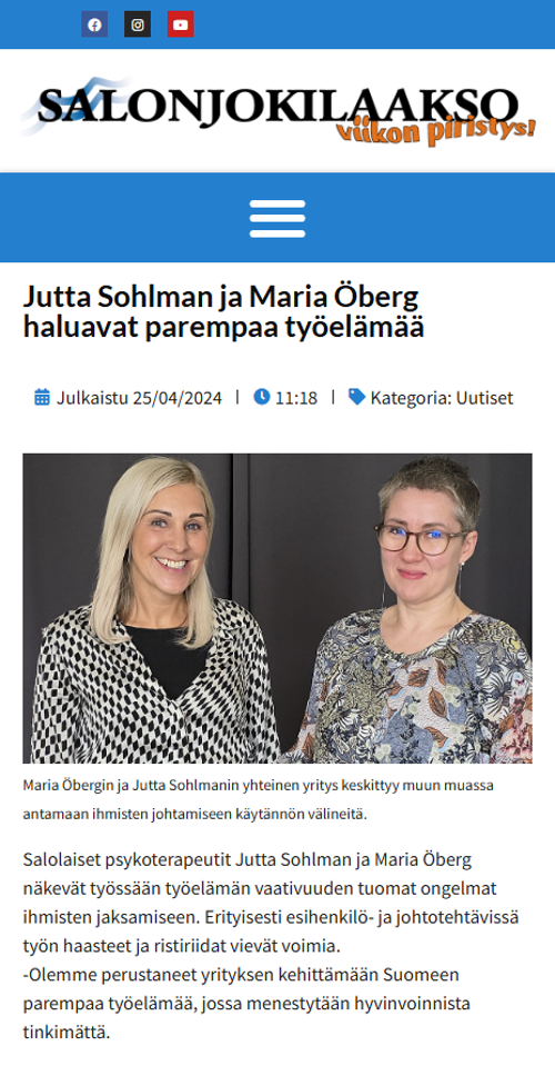 Lehtijuttu - Jutta Sohlman ja Maria Öberg haluavat parempaa työelämää - Salonjokilaakso